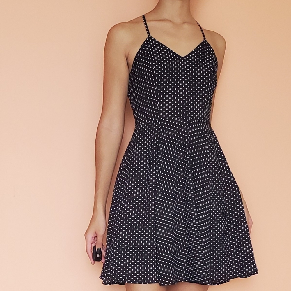 Express black and white polka dot skater dress